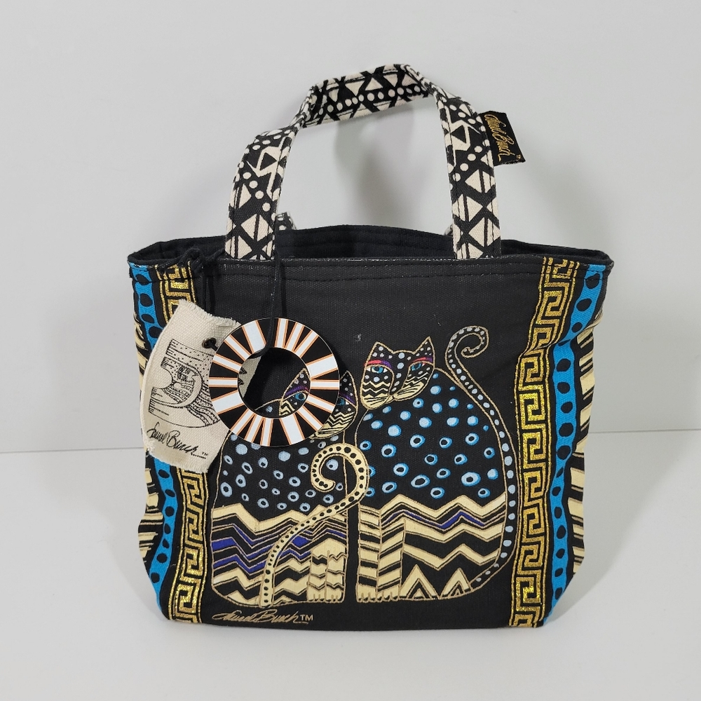 Laurel Burch Black Tan Blue Double Handle Zippered Small Tote Hand Bag